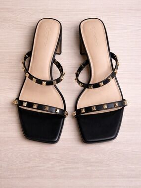 Black Studded Square-Toe Block Heel Mules